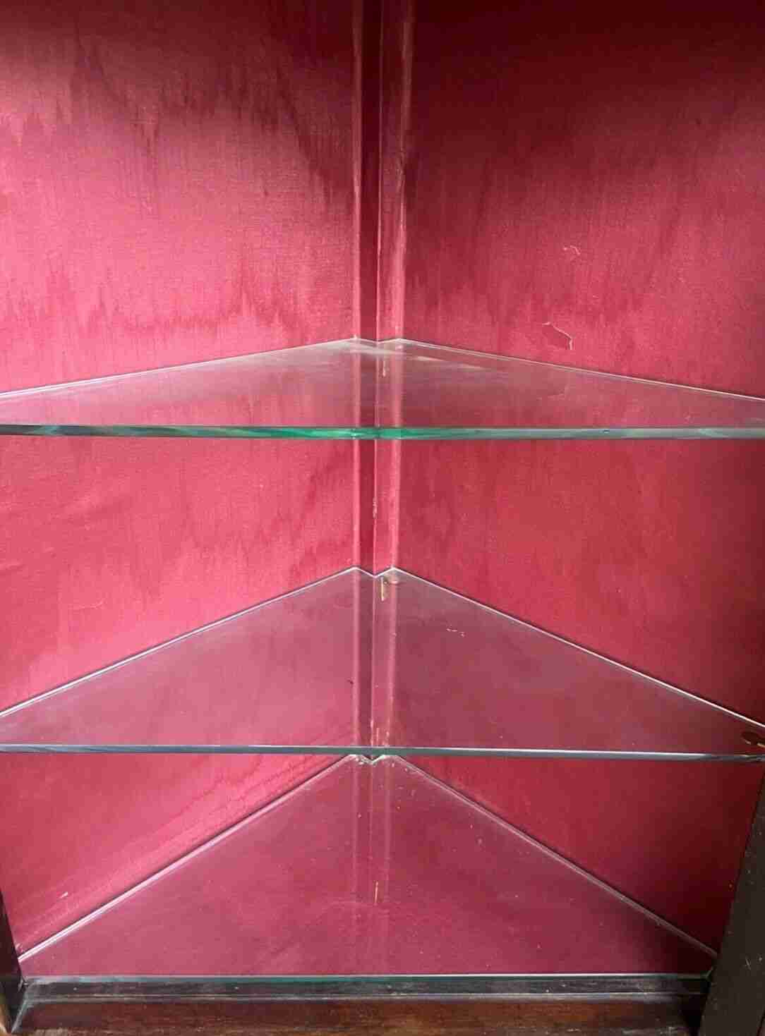 20thC Glazed Mahogany Wall Corner Cabinet Inlaid 2 Glass Shelves
