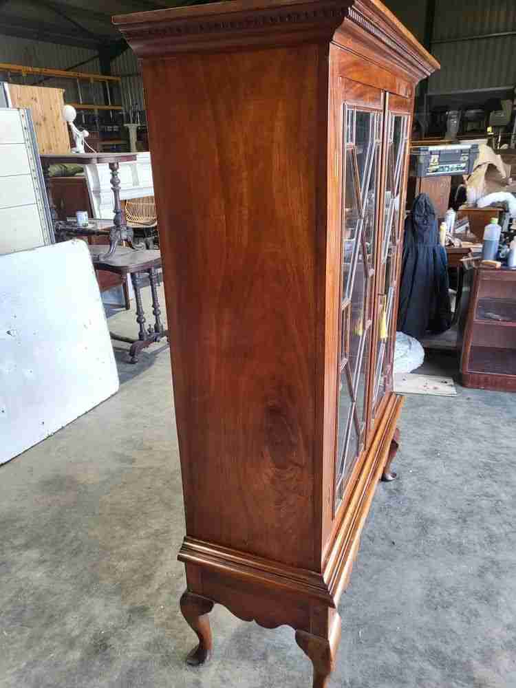 Antique Edwardian glazed bookcase cabinet cabriole legs shelves