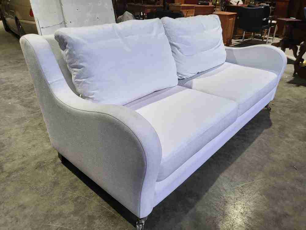 Sofa 2 seat feather cushions castors curved sides oatmeal white fabric