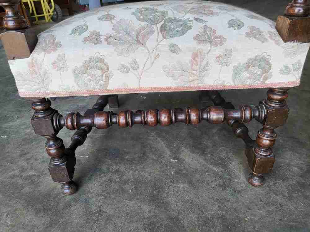 Pair two antique large upholstered open armchairs scrolled arms sprung