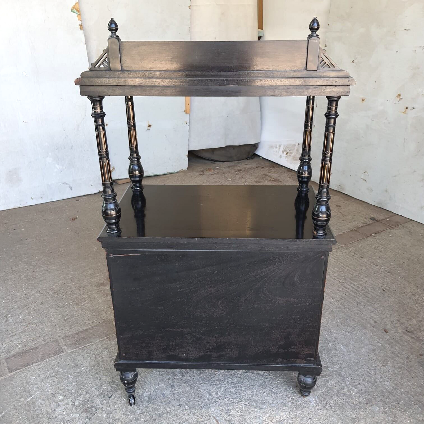 Antique 2 Tier Ebonised Victorian One Door Cabinet Shelves Turned Legs Castors