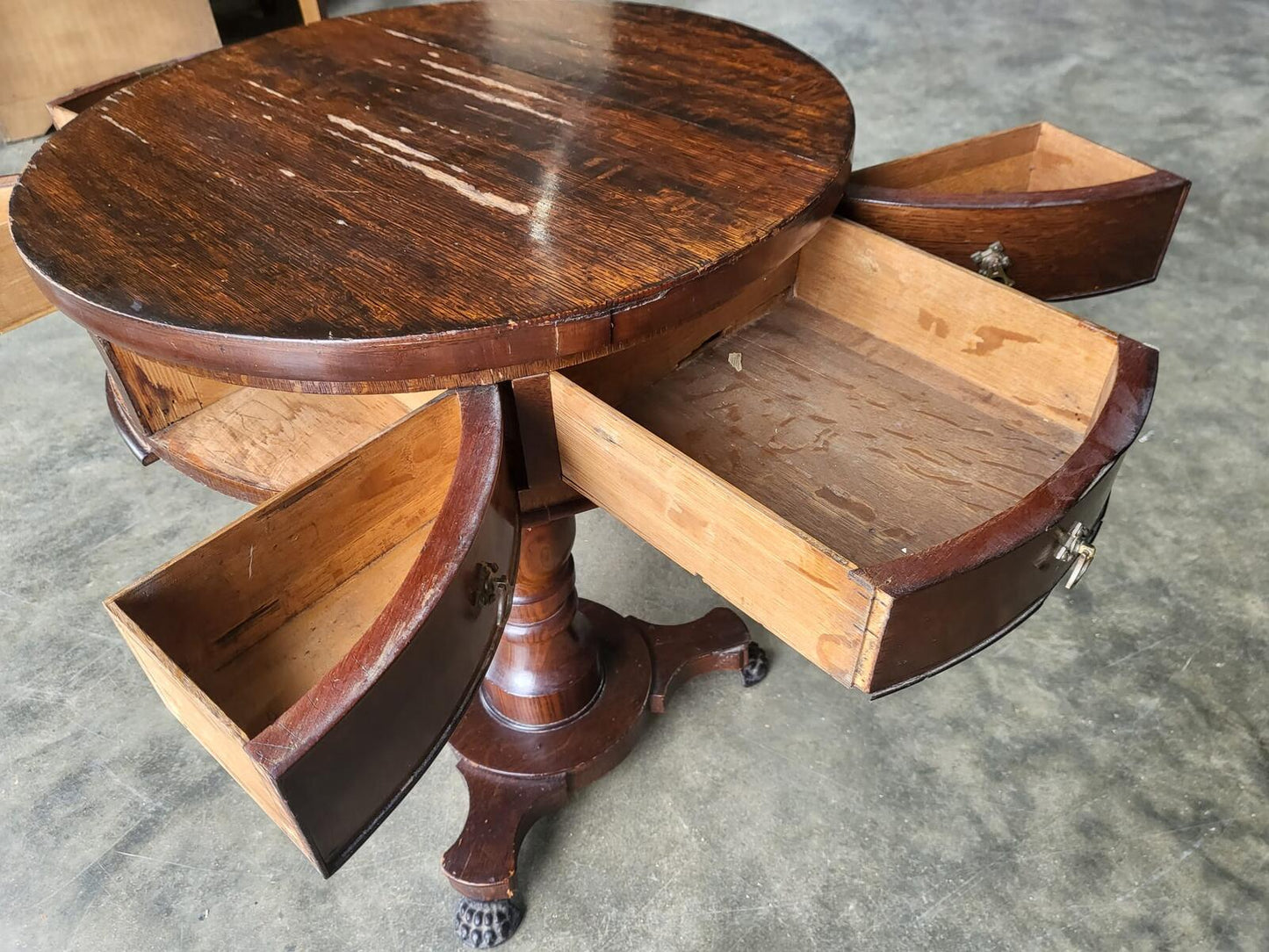 Antique oak round side end drum lamp table drawers