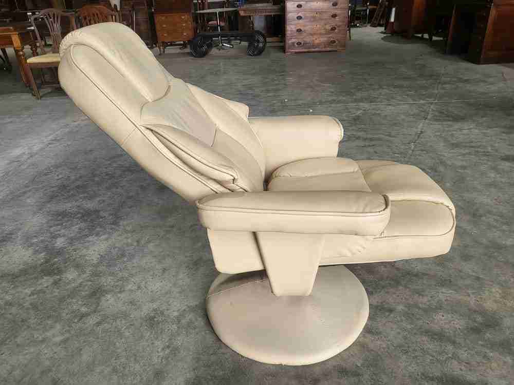 Cream swivel reclining arm chair footstool PU Leather 70's style round pedestal