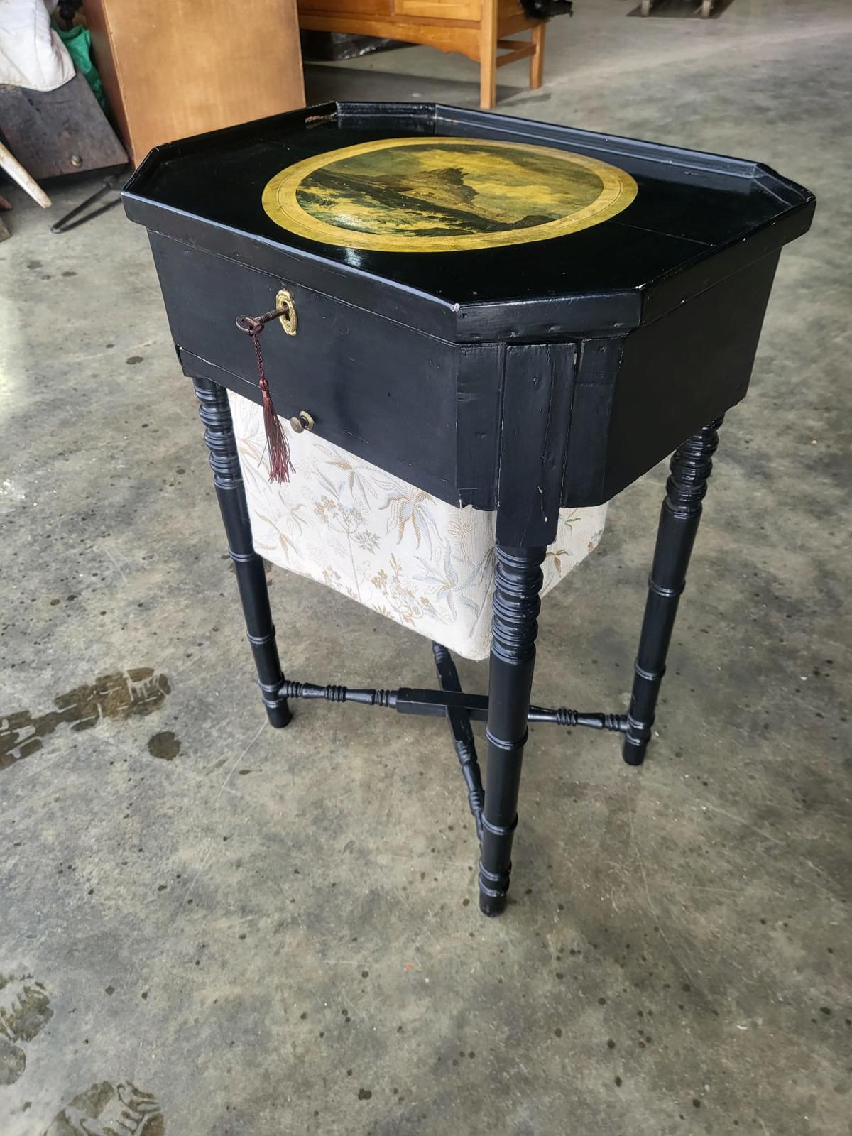 Antique ebonised work sewing side end lamp table