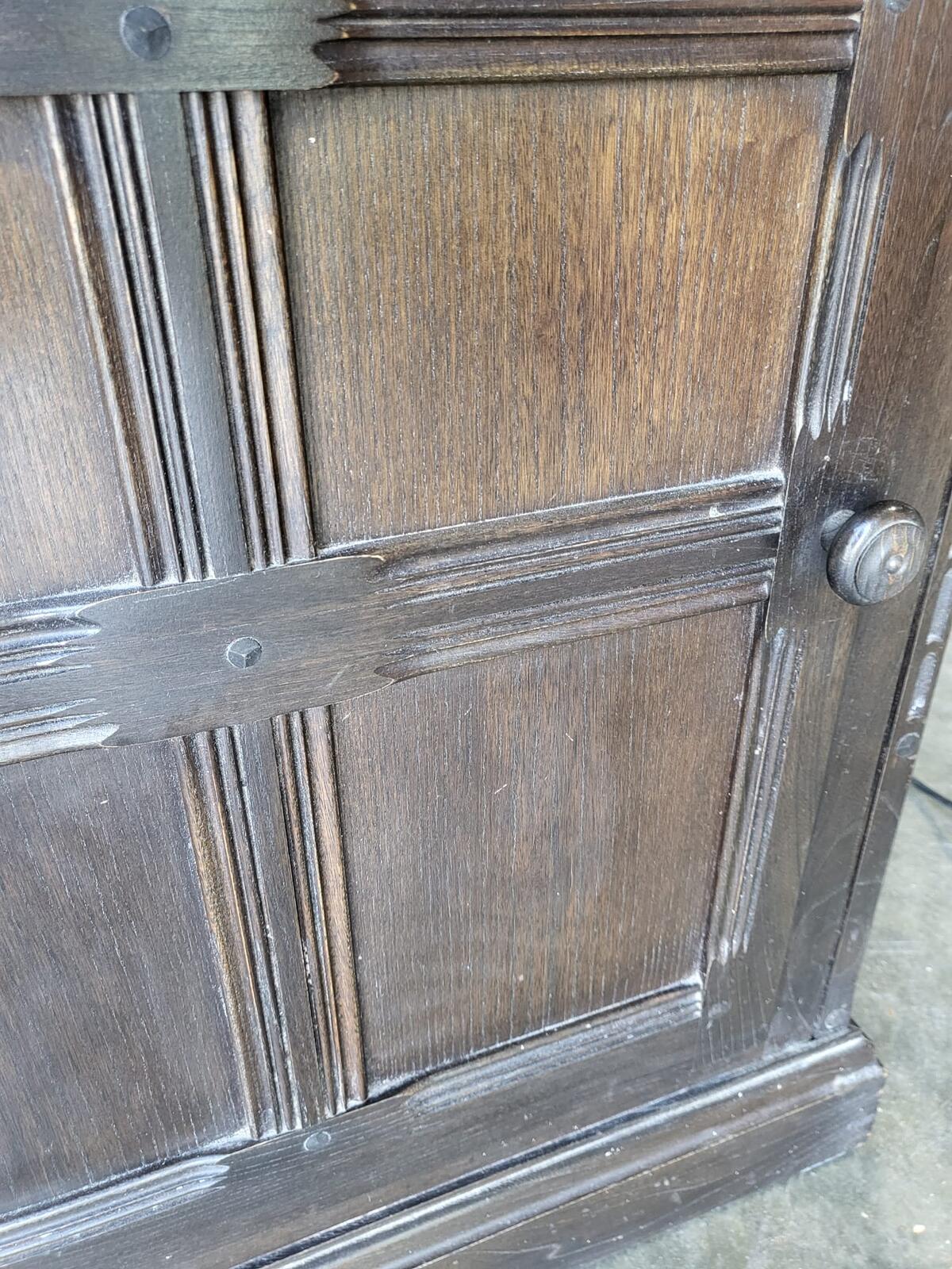 Dark Ercol tall glazed cabinet cupboard bookcase shelves