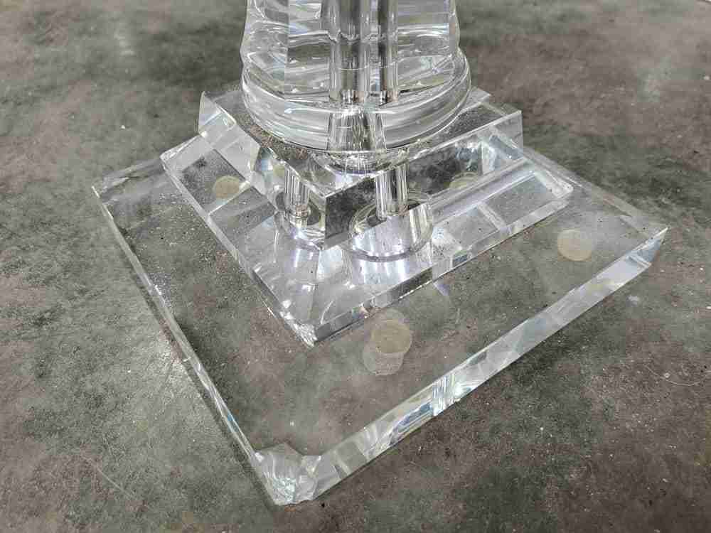 Pair glass single column table lamps pleated white shades