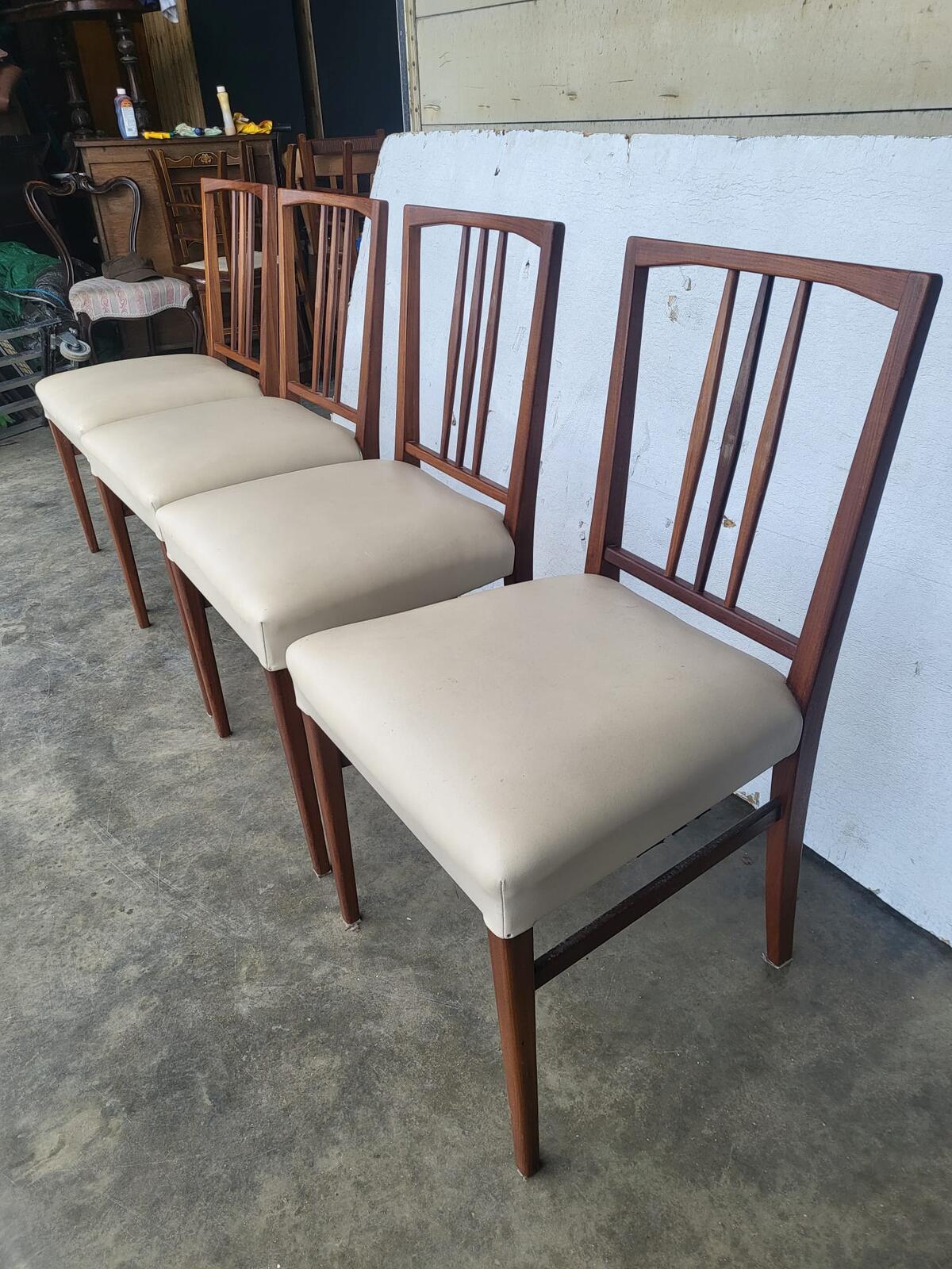 4 teak 70's square back dining chairs cream leather ?