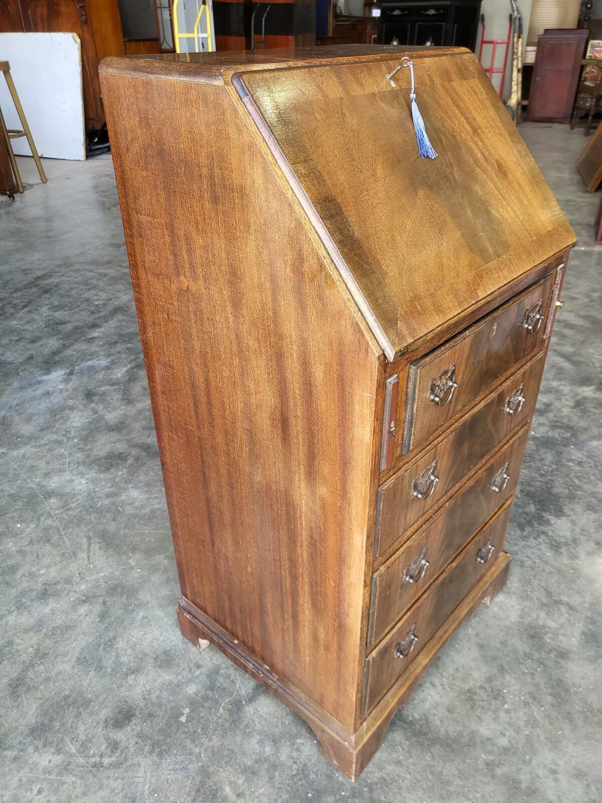 Vintage small thin slim bureau writing desk drawers