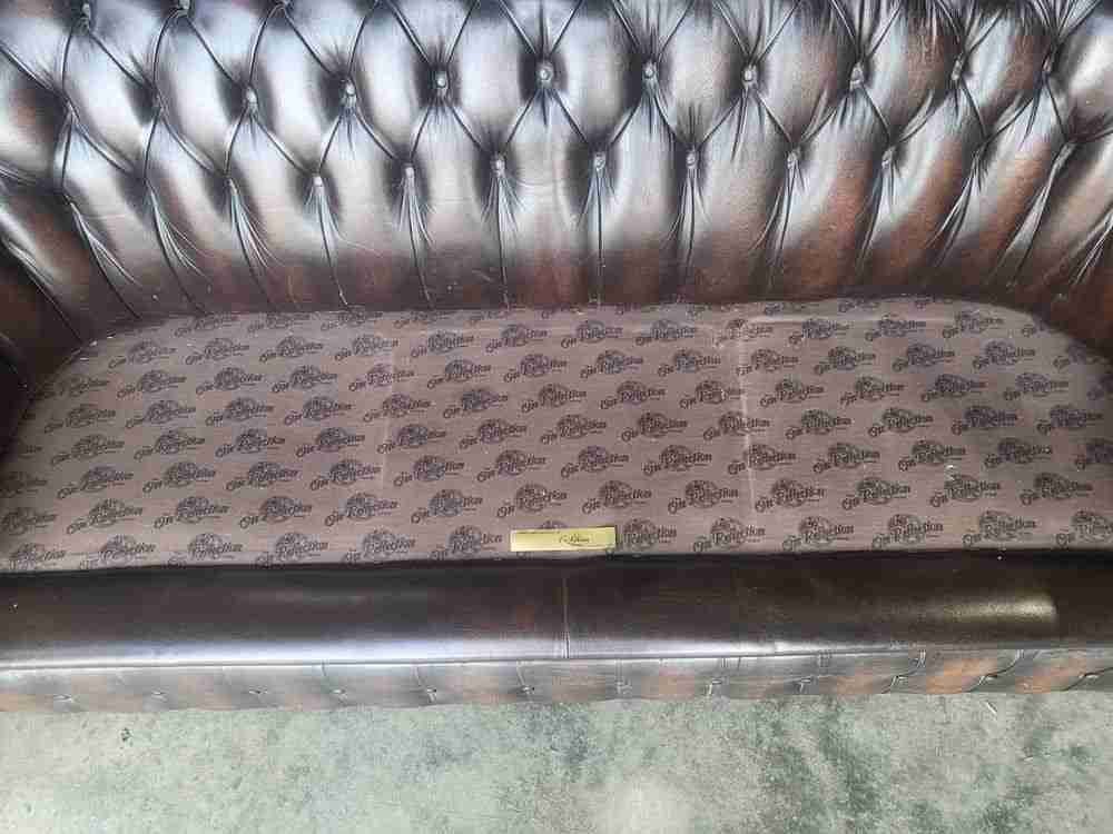 Antique repro button back 3 seat brown leather Chesterfield sofa