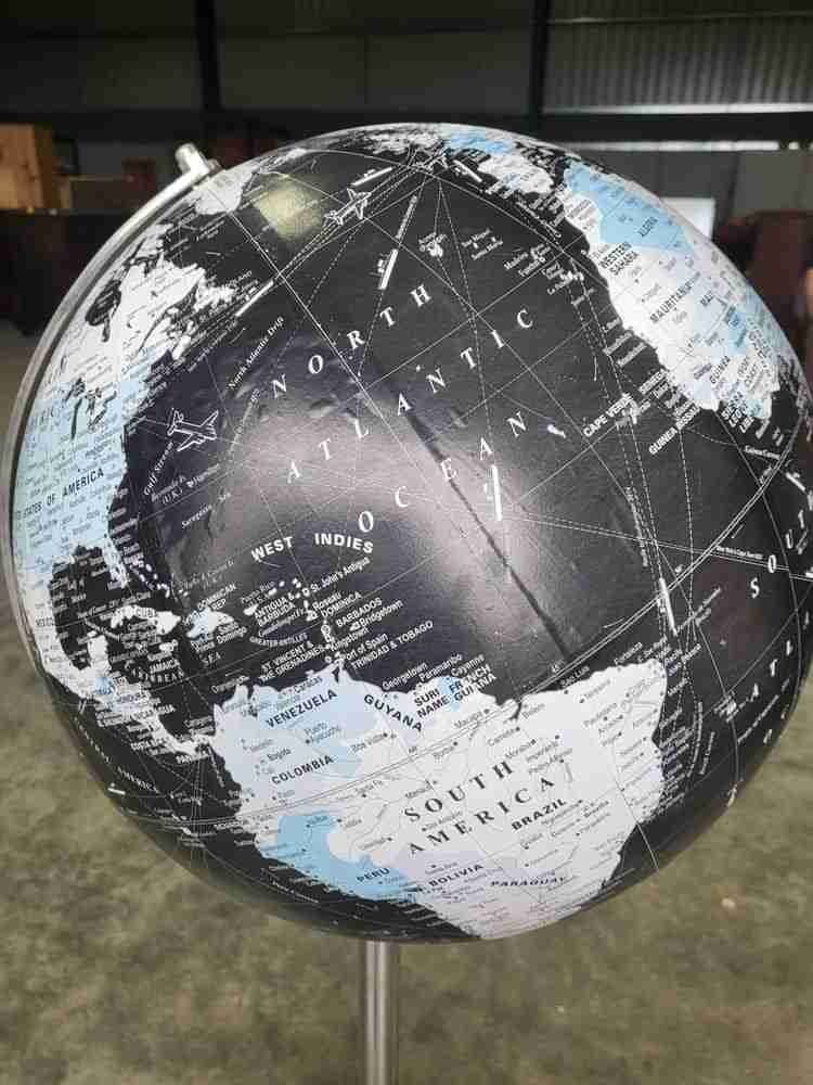 20thC World globe map chrome tall tripod stand floor standing