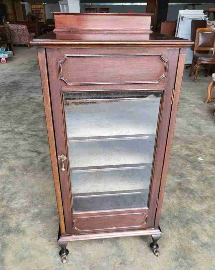 Antique Edwardian glazed music cabinet bookcase cabriole legs castors shelves