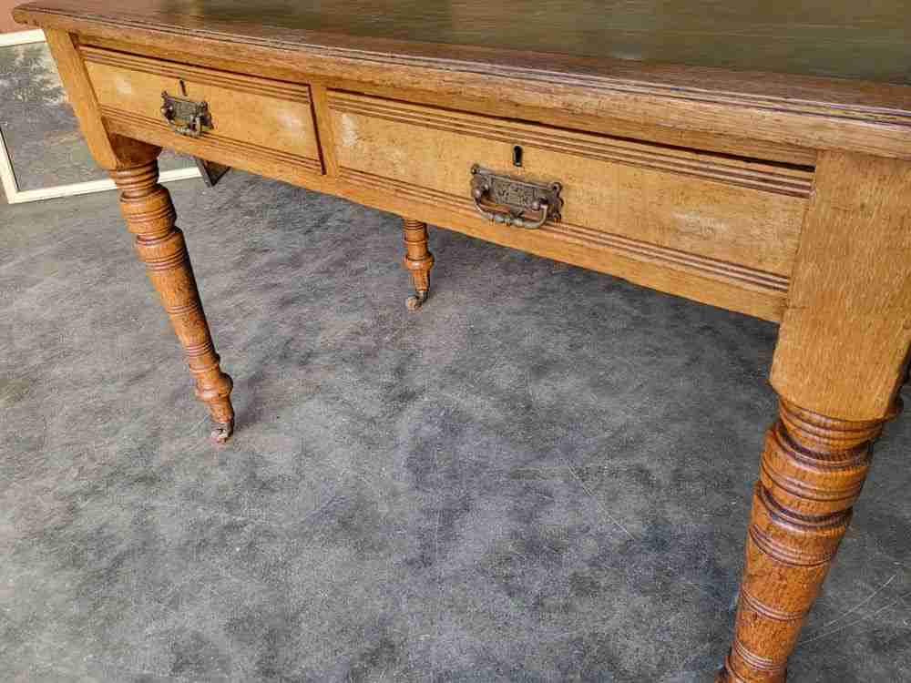 Antique Edwardian 2 drawer writing table desk turned legs castors