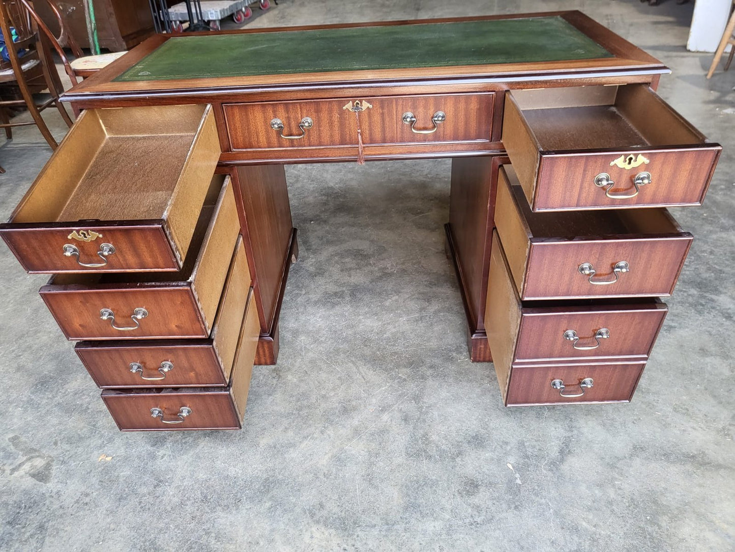 Antique repro small twin pedestal writing desk leather top drawers