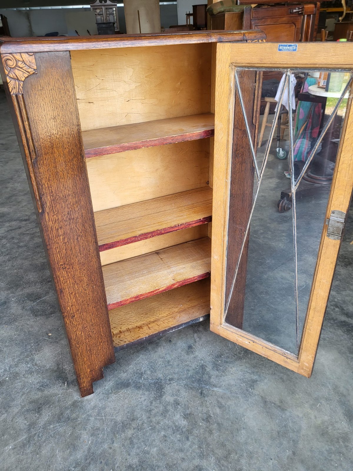 Antique oak Deco small 1x door glazed bookcase cabinet shelves