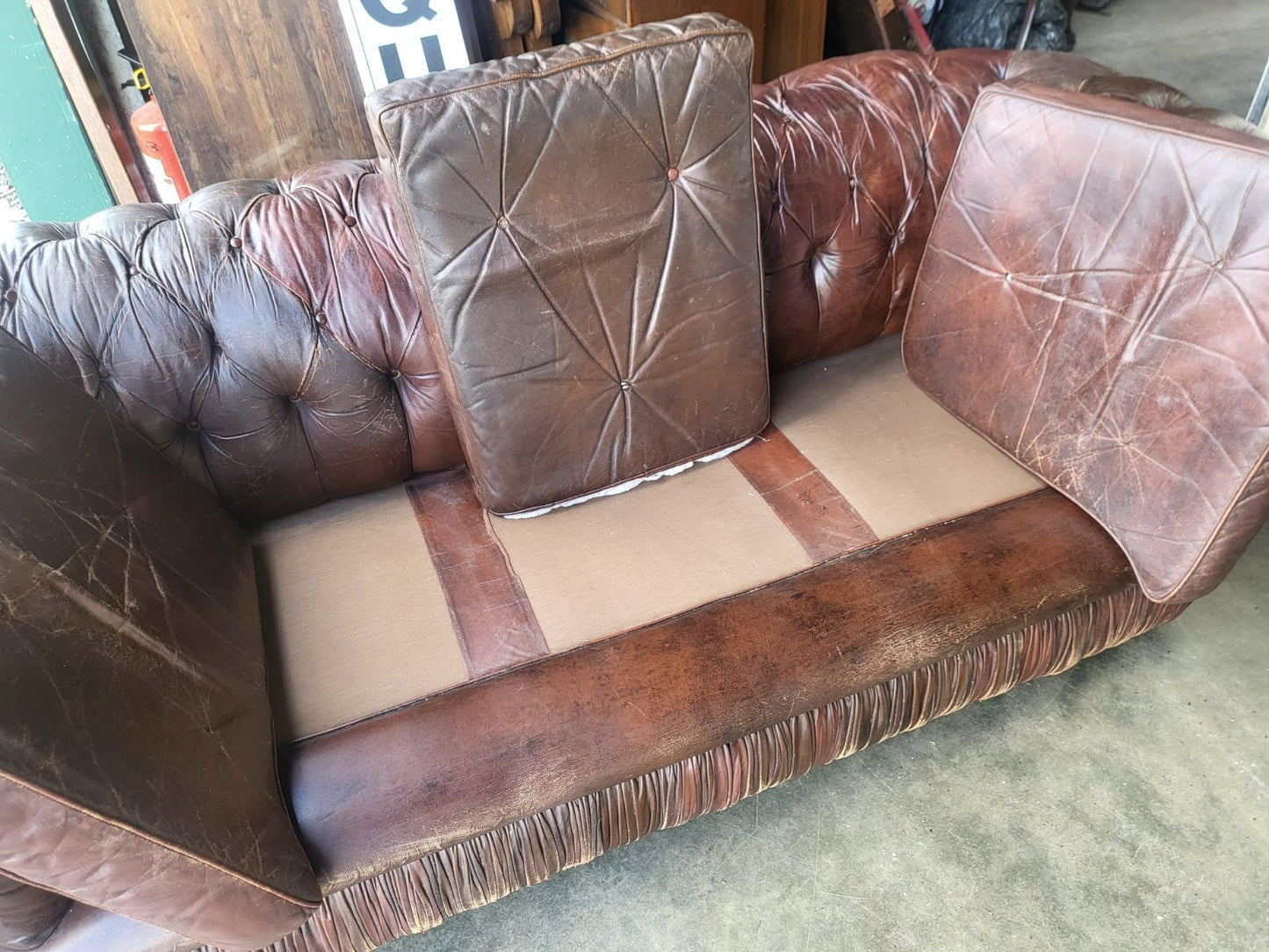 Vintage shabby large 3 seat brown leather Chesterfield sofa