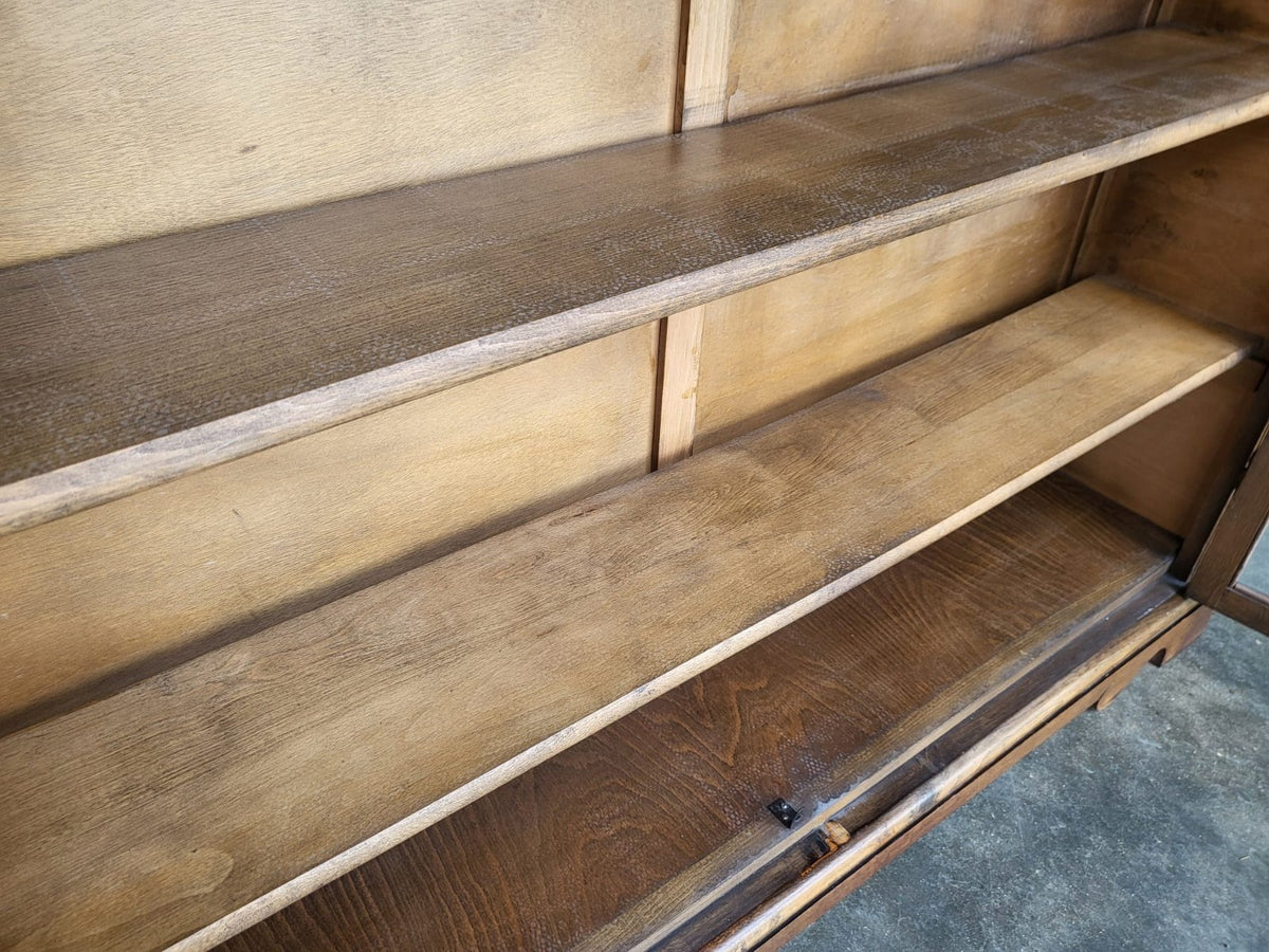 Vintage oak carved 2 door glazed low bookcase cabinet