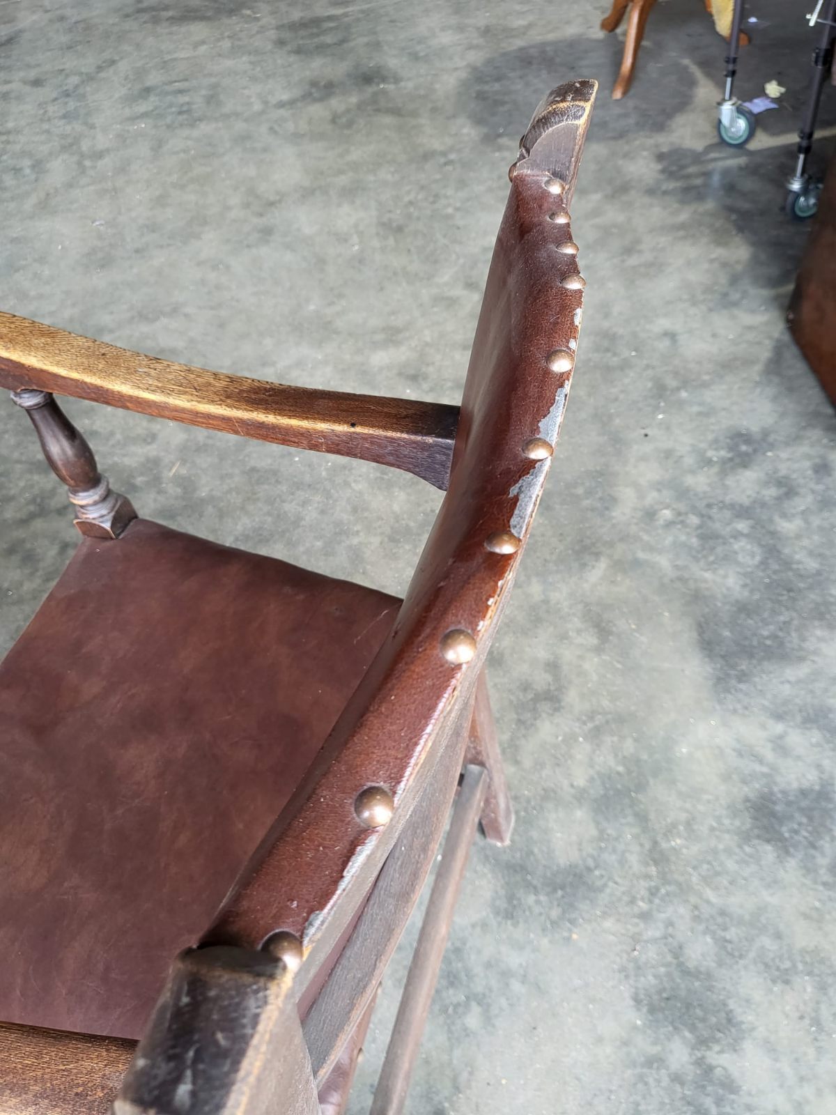 Pair vintage two oak carver open dining armchairs pu leather