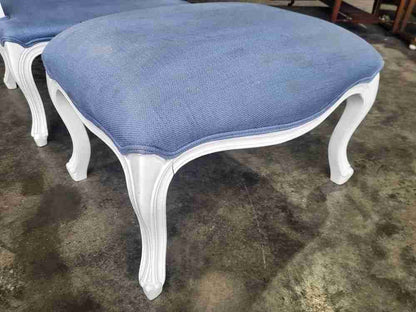 Antique repro French painted arm chair cabriole legs blue fabric  footstool