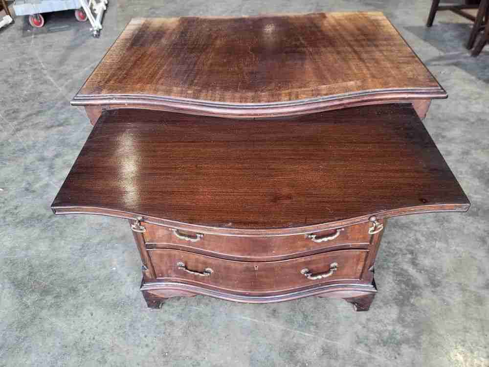 Antique repro serpentine small chest of drawers bracket feet tray desk