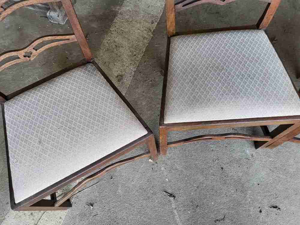 Four antique Georgian ribbon back dining chairs square legs