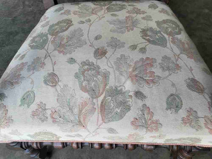 Pair two antique large upholstered open armchairs scrolled arms sprung