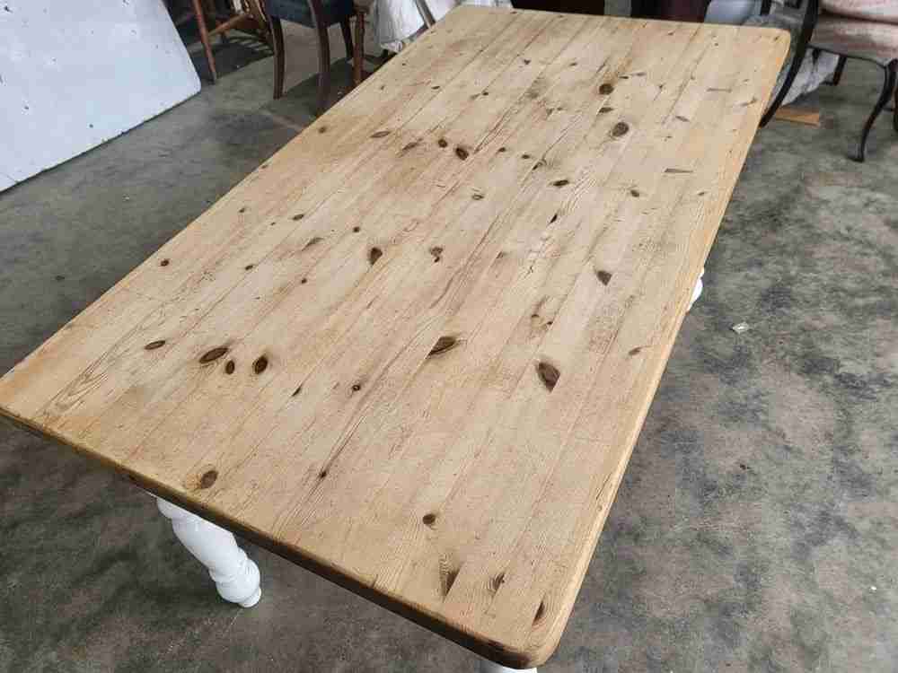 20thC pine  kitchen dining table white legs drawer seat 6