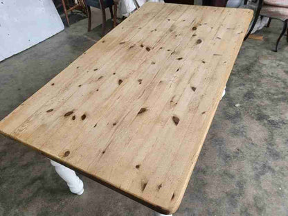 20thC pine  kitchen dining table white legs drawer seat 6
