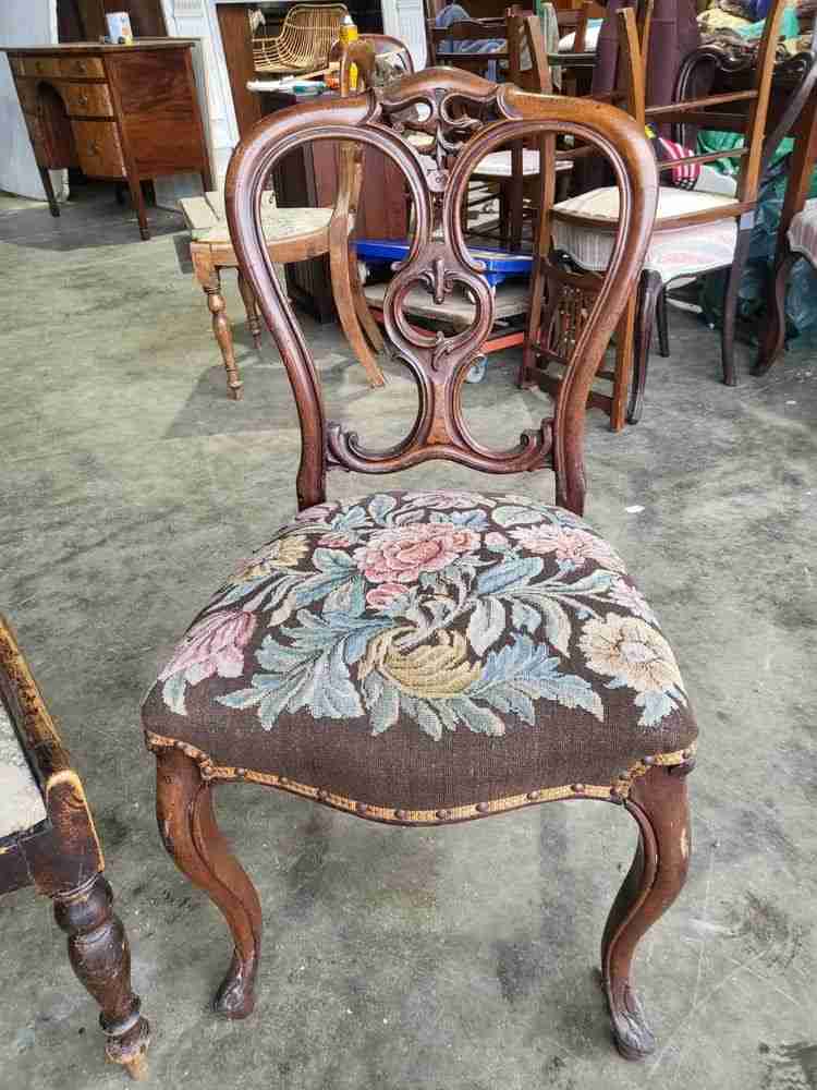 Four mixed Victorian balloon back dining chairs floral