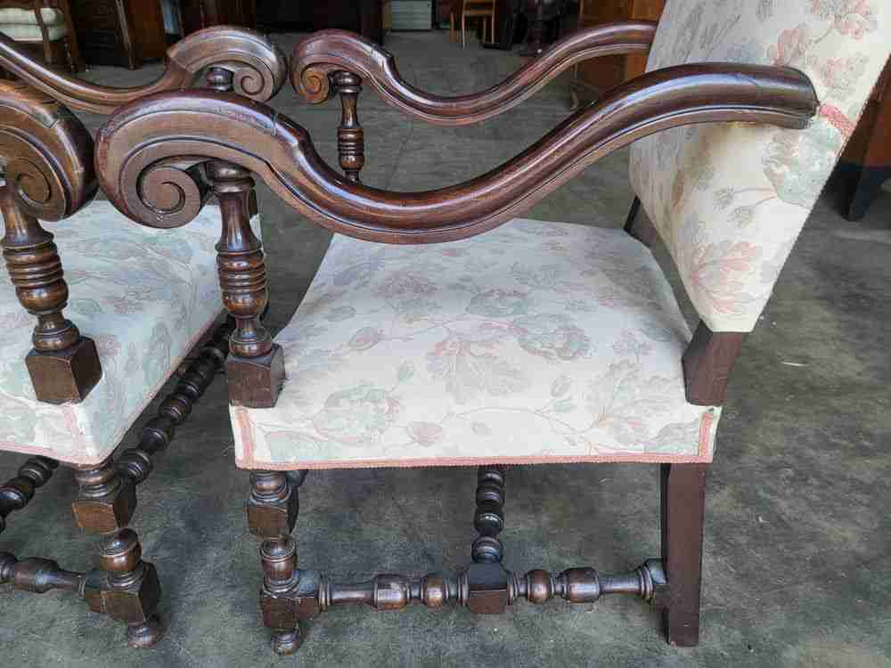 Pair two antique large upholstered open armchairs scrolled arms sprung