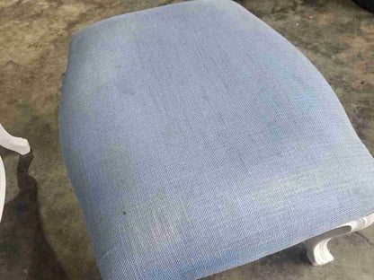 Antique repro French painted arm chair cabriole legs blue fabric  footstool
