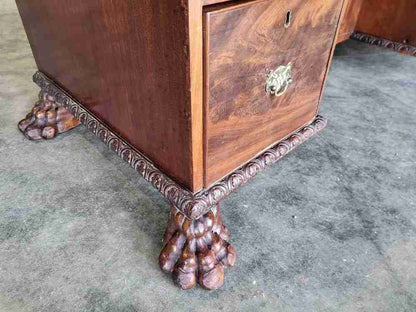 Antique Victorian knee hole writing desk claw feet leather top cupboard