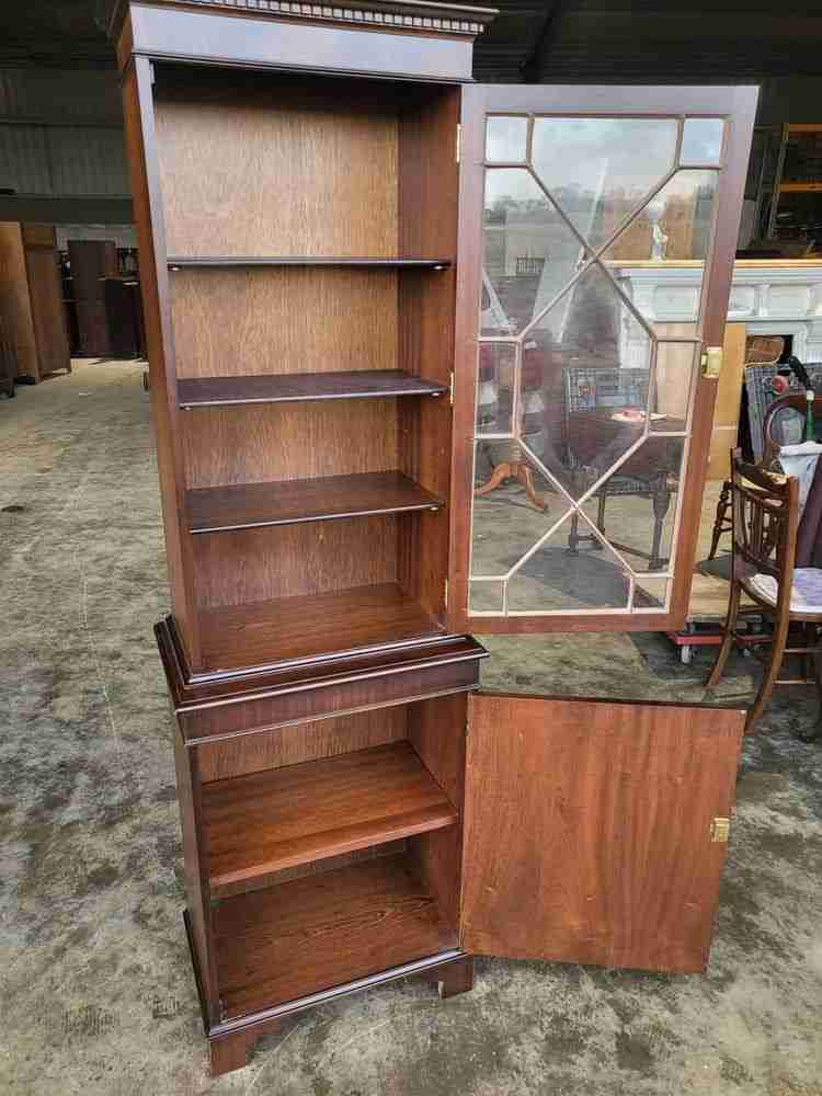 Antique mahogany repro tall slim glazed bookcase cabinet shelves