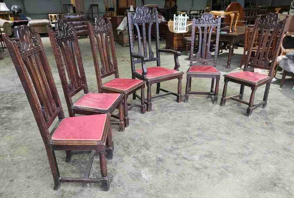 Antique carved oak high back dining chairs 18thC style