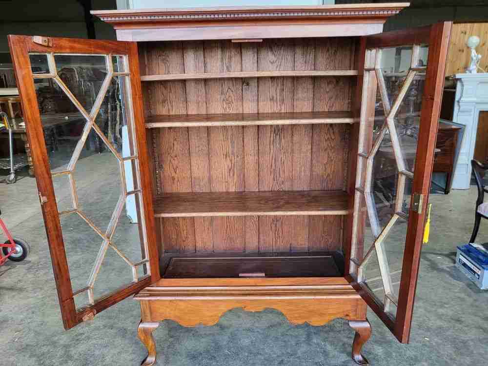 Antique Edwardian glazed bookcase cabinet cabriole legs shelves