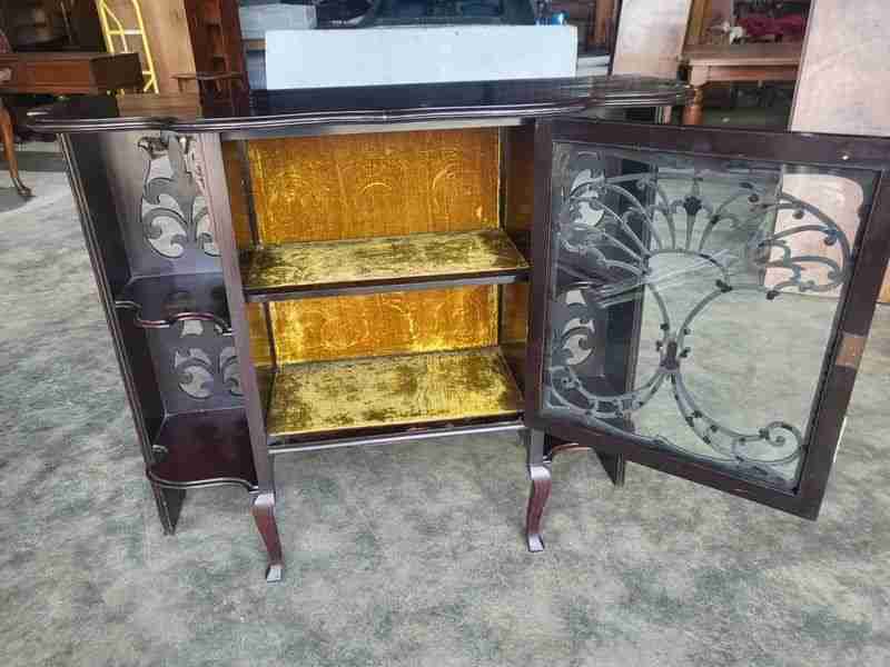 Antique serpentine glazed chiffonier sideboard cabinet velvet shelves