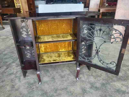 Antique serpentine glazed chiffonier sideboard cabinet velvet shelves