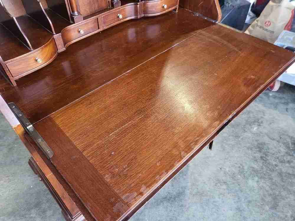Antique repro serpentine glazed bookcase bureau desk drawers