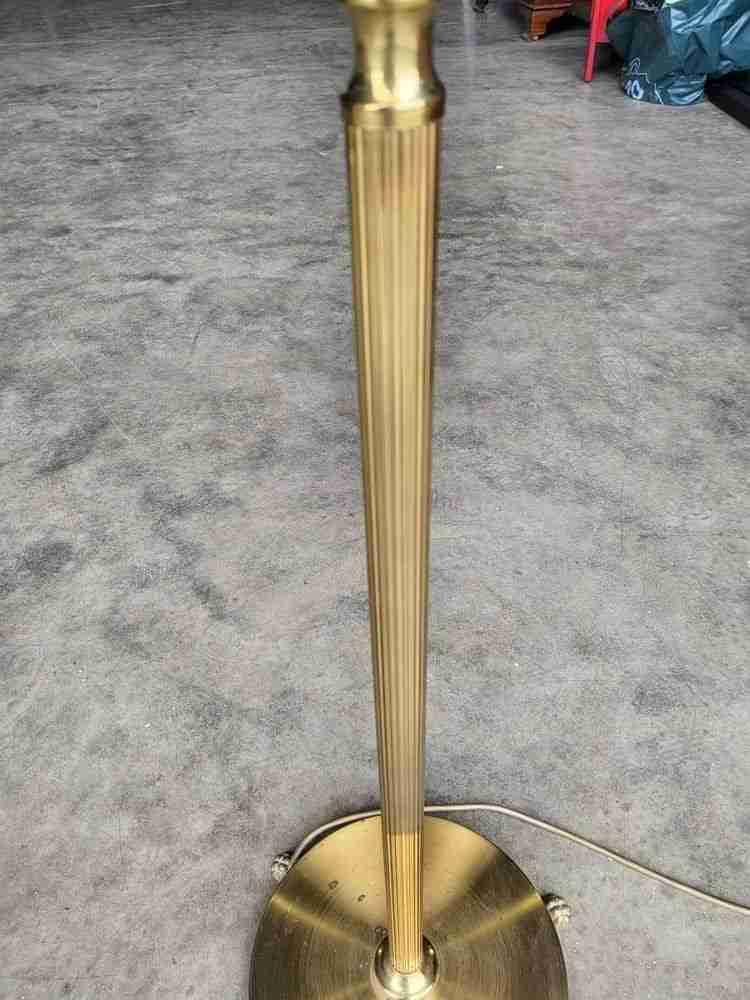 Vintage 20thC brass standard lamp cream shade round base feet