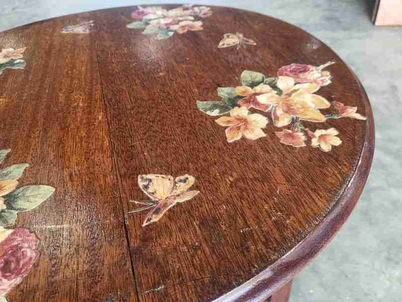 Vintage 20thC round oak 2 tier floral side end occasional table
