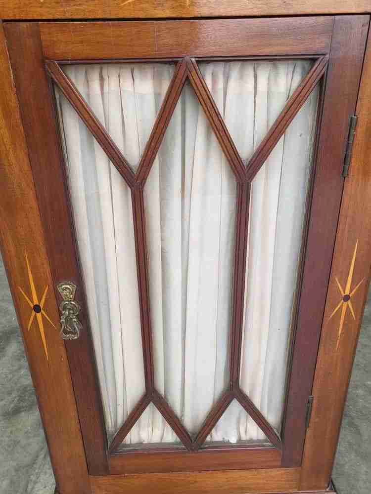 Antique Edwardian small inlaid glazed cabinet fabric curtain shelves