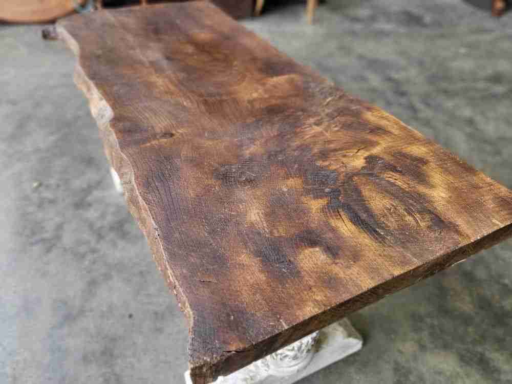 Antique repro natural elm bench carved painted legs seat