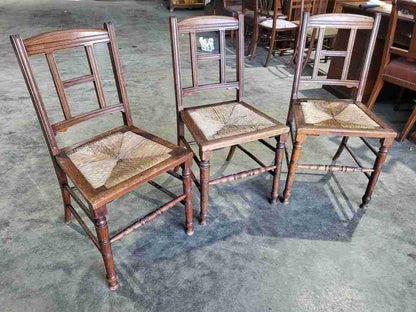 Vintage 20thC rush seat turned legs 3 x kitchen country dining chairs