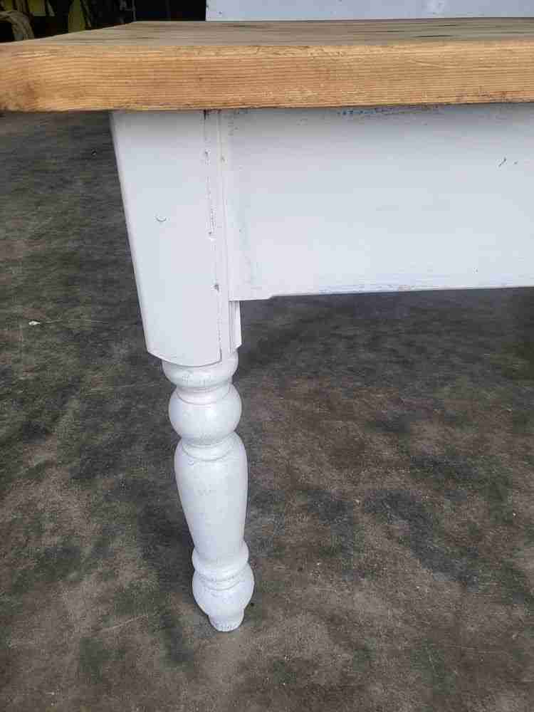 20thC pine  kitchen dining table white legs drawer seat 6