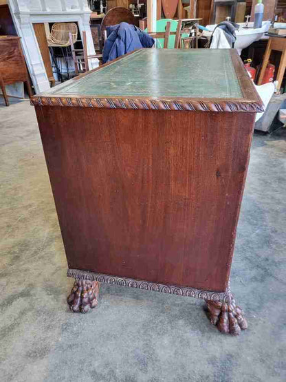 Antique Victorian knee hole writing desk claw feet leather top cupboard