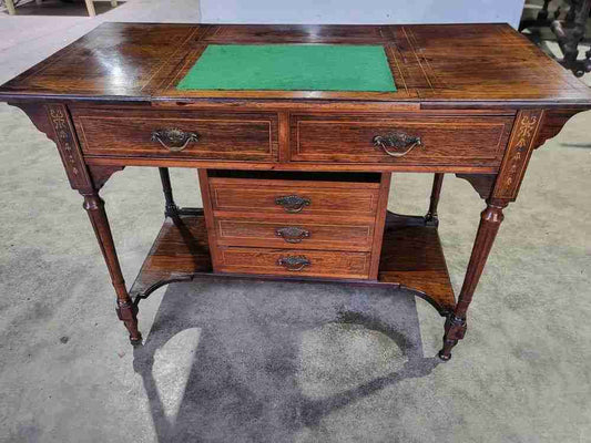 Antique Edwardian inlaid rosewood small writing desk table drawers