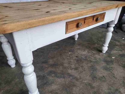 20thC pine  kitchen dining table white legs drawer seat 6
