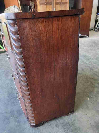 Antique Victorian bow front 2 over 3 chest of drawers rope columns