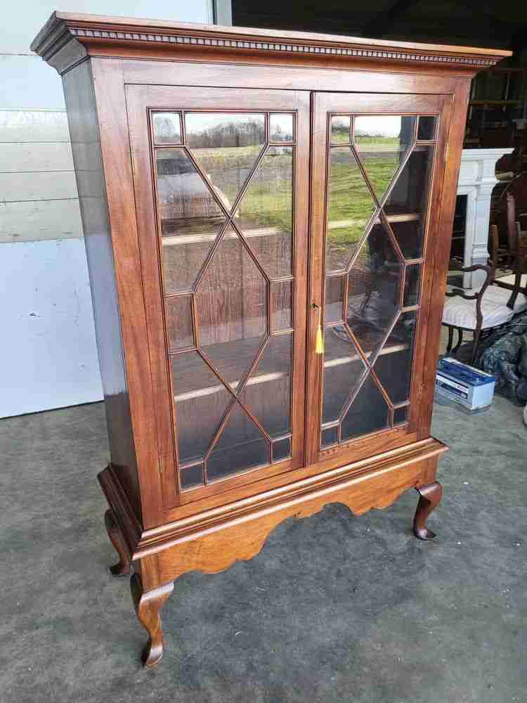 Antique Edwardian glazed bookcase cabinet cabriole legs shelves