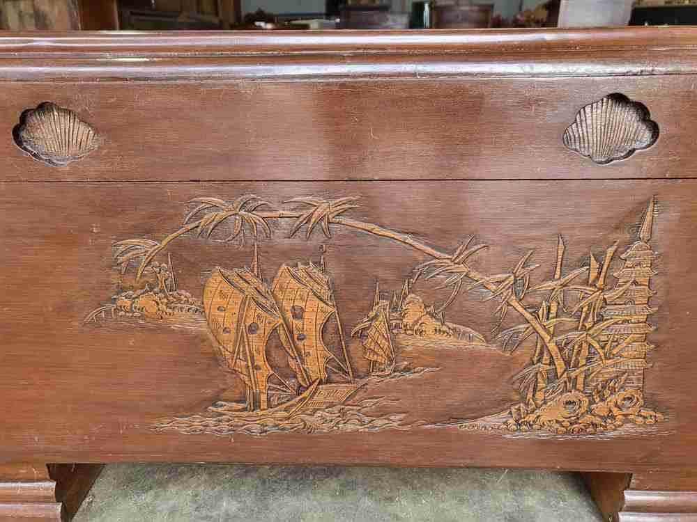 Vintage 20thC Chinese carved camphor wood  trunk chest storage box coffer