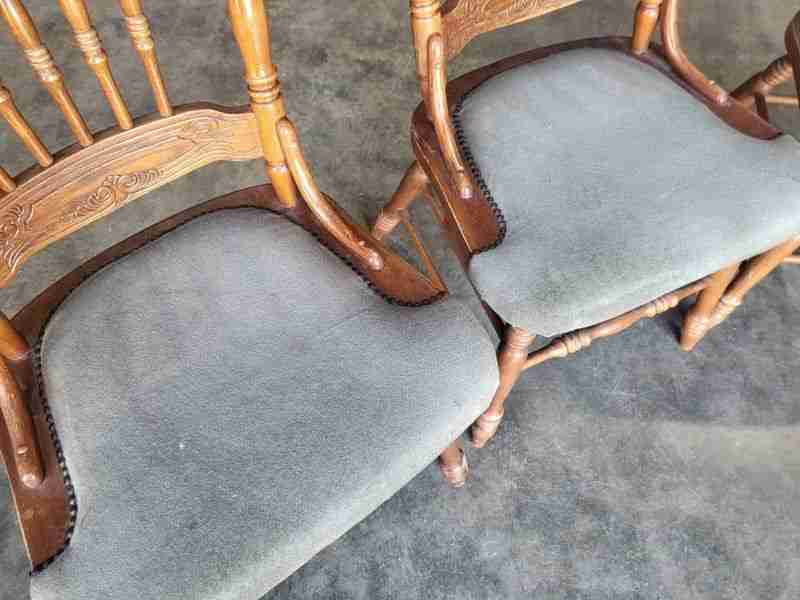 20thC 4 continental high back carved kitchen country dining chairs fabric seats